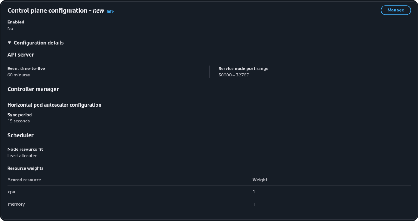 Control plane configuration panel, Enabled No, four parameters at defaults, Manage available.