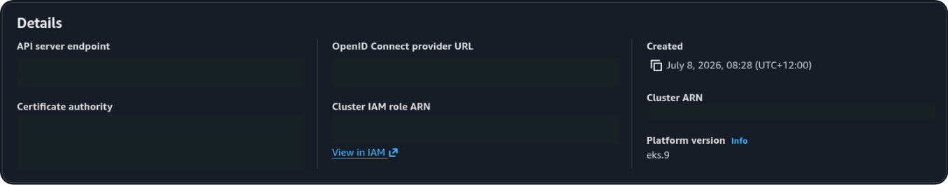 EKS Details panel. Created 8 July 2026. API endpoint, OIDC, certificate, and ARNs omitted.