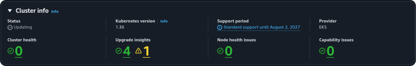 Cluster info. Status Updating, Kubernetes version 1.36.